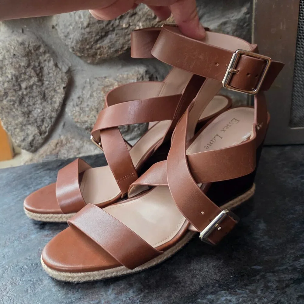 Essex Lane Brown Leather Strappy Wedge Sandals Size 9M